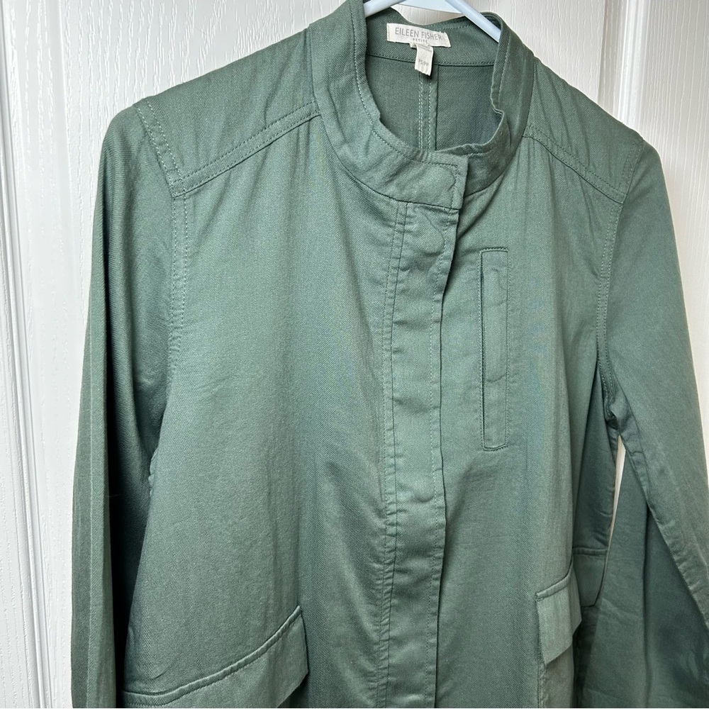Eileen Fisher Organic Brushed Cotton Hemp Relaxed GREEN Jacket Size Small Petite - Picture 2 of 12